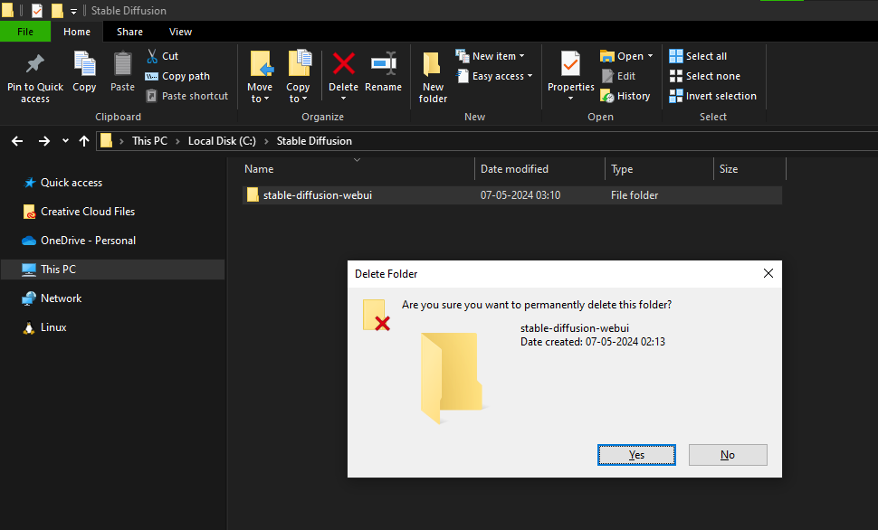 Delete Stable Diffusion WebUI folder